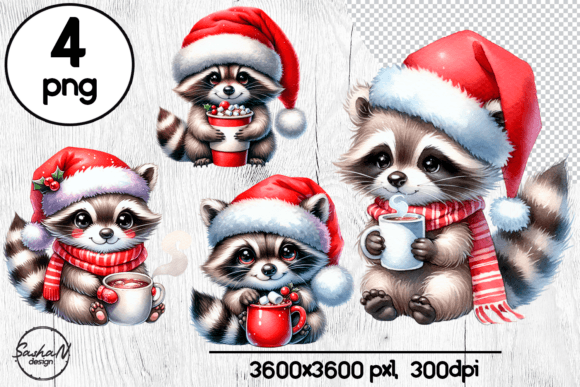 Christmas Racoon with Cocoa Clipart for Illustrations