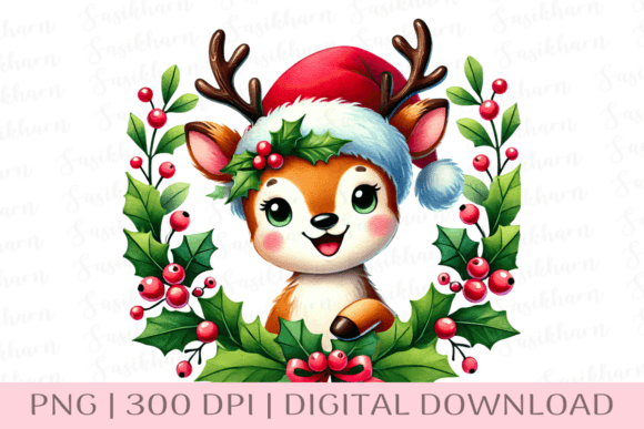 Cute Christmas Reindeer Santa Hat Animal for Illustrations