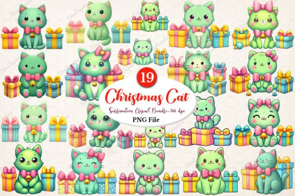 Cute Green Christmas Cat Clipart Bundle: Illustrations for Holiday Crafts