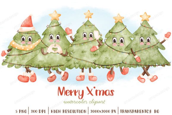 Groovy Retro Christmas Tree Watercolor Illustrations for Editorial Design