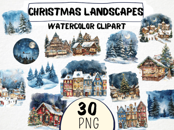 Watercolor Christmas Landscapes Clipart